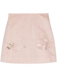 light pink mulberry silk floral embroidery concealed rear zip fastening A-line thigh-length straight hem Fitted Floral Embroidered Skirt, Chic Fitted Skirt With Floral Embroidery, Spring Floral Embroidered Fitted Mini Skirt, Elegant Fitted Bottoms With Floral Embroidery, Elegant Skirt With Floral Embroidery, Fitted Floral Embroidered Mini Skirt For Spring, Fitted Embroidered Mini Skirt, Spring Floral Embroidered Mini Skirt, Elegant Embroidered Silk Bottoms