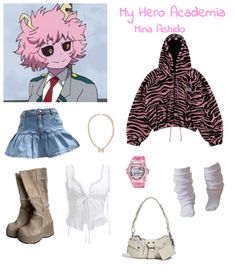 Get ready to turn heads with this Mina Ashido inspired look from My Hero Academia! Embrace the y2k trend with a denim skirt and white crop combo, featuring the pink print from her dorm room. Perfect for a rave or a summer outfit. Let your heroism shine through with this fun and bold outfit! Mina Ashido Inspired Outfit, Mina Ashido Outfit Ideas, Mina Ashido Outfit, Mha Outfit Ideas, Mina Ashido Aesthetic