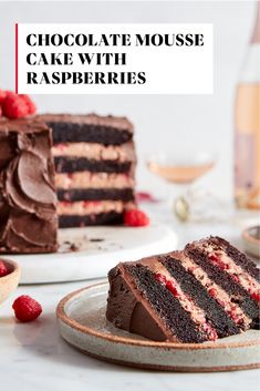 chocolate mousse cake with raspberries on a plate