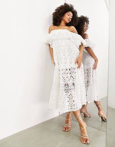 ASOS EDITION blouson off shoulder tiered eyelet midi dress in white | ASOS Spring Eyelet Midi Dress For Brunch, Spring Brunch Eyelet Midi Dress, Summer Eyelet Midi Dress, Spring Midi Off Shoulder Dress With Ruffles, Spring Off Shoulder Midi Dress With Ruffles, White Feminine Off-shoulder Dress For Brunch, White Eyelet Midi Dress For Summer, White Feminine Off Shoulder Dress For Brunch, White Midi-length Off Shoulder Dress For Brunch