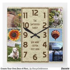 a square clock with pictures of different things on it's face and the words, create your own to display family photos