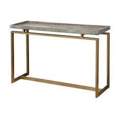 a modern console table with marble top and brass frame, on an isolated white background