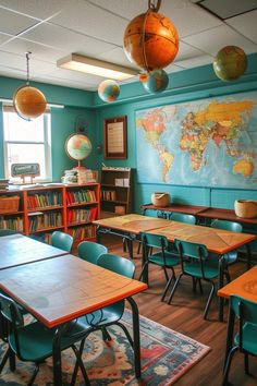 a classroom with desks, bookshelves and a world map on the wall