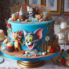 there is a cake decorated with cartoon characters on it