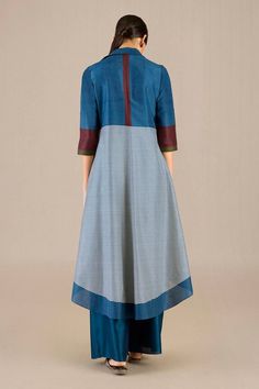 Blue chanderi high-low cape in woven stripe base. Comes with inner tunic and palazzo. - Aza Fashions Traditional Blue Kurta For Work, Blue Long Sleeve Kurta For Fall, Blue Long Sleeve Kurta For Workwear, Blue Long Sleeve Workwear Kurta, Cape Shirt, Palazzo Set, Tunic Pattern, Shirt Collar, Set For Women