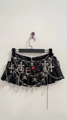 Punk Chained Mini Skirt – Juneptune Cool Clothing Accessories, Micro Leather Skirt, Custom Mini Skirt, Chains On Clothes, Punk Look Women, Unique Mini Skirts, 90s Punk Fashion Women, Skirt Names, Over The Top Outfits