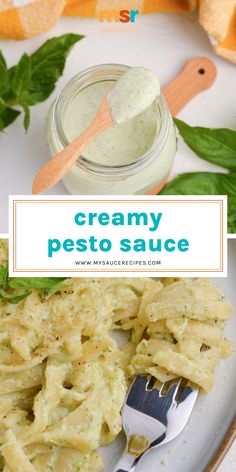 creamy pesto sauce in a glass jar and pasta on a plate with basil leaves