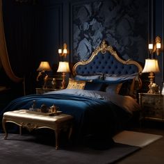 a luxurious bedroom with blue and gold decor