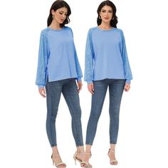 Elevate your casual wardrobe with the Anna-Kaci Women's Casual Sequin Balloon Long Sleeve Blouse. This top features long sleeves adorned with sequins, a loose round neck, and a comfortable, relaxed fit, perfect for adding a touch of sparkle to your party outfits. Blue Stretch Blouse For Night Out, Elegant Light Blue Tops For Night Out, Light Blue Casual Party Blouse, Elegant Light Blue Top For Night Out, Casual Light Blue Party Blouse, Light Blue Casual Blouse For Party, Light Blue Spring Tops For Night Out, Blue Stretch Long Sleeve Blouse, Light Blue Tops For Spring Night Out