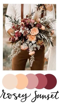 an image of a person holding flowers and the words rosey sunset on it in different colors