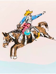 a drawing of a man riding on the back of a horse with a cowboy hat