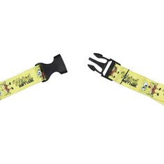 two black and yellow straps with cartoon characters on them, one is holding a knife