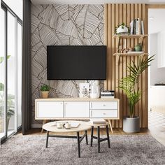 a living room with white furniture and a flat screen tv mounted on the wall above it