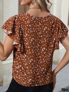 Bjux - Ditsy Floral Print Blouse: V Neck Ruffle Short Sleeve Womens Casual Apparel Casual Printed Brown Blouse, Casual Printed Tops With Butterfly Sleeves, Casual Printed Blouse With Butterfly Sleeves, Casual Printed Flutter Sleeve Blouse, Patterned Ruffle Tops For Vacation, Patterned Ruffled Tops For Vacation, Patterned Short Sleeve Blouse With Ruffles, Brown Printed Tops For Spring, Casual Tops With Ditsy Floral Print And Flutter Sleeve