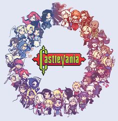 the cast of castlevanina in a circle with their name written on it and surrounded by other characters