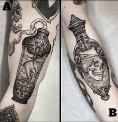 two different tattoos on both arms and legs, one with a skull in a bottle