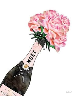 a bottle of champagne with pink flowers in it and the word mott written on top