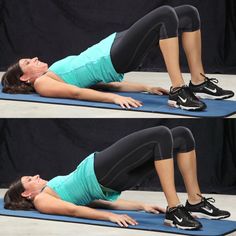 a woman is doing an exercise on a blue mat