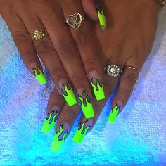 Edm Festival Nails, Neon Flames, Nail Spot, Flame Nail Art, 2022 Nails, Neon Nail Designs, Curved Nails, Colorful Nails