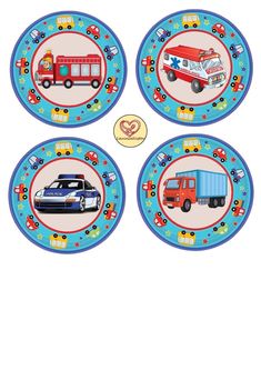 four plates with different vehicles on them