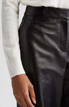 Modern pants tailored in a straight-cut, wide-leg silhouette are elevated in supple Italian napa lambskin. 30" inseam; 17" leg opening; 11 1/2" front rise; 13" back rise (size 8) Zip fly with hook-and-bar closure Side-seam pockets; back welt pockets Leather Professional leather clean Imported Designer Clothing Classic Leather Trousers, Sleek Leather Bottoms For Office, Chic Straight Silhouette Pants For Fall, Sleek Straight Leg Leather Work Pants, Sleek Straight Leg Leather Pants For Work, Leather Wide Leg Pants For Workwear In Fall, Leather Trousers For Office, Leather Wide Leg Pants For Workwear, Full-length Leather Wide Leg Pants For Work