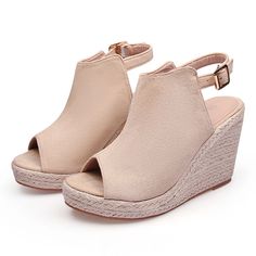 Lasaky - Platform High Heel Peep Toe Sandals with Woven Jute Sole and Buckle Closure in Suede Finish Velvet Shoes, Peep Toe Sandals, Platform High Heels, Womens Wedges, Toe Sandals, Leather Buckle, Mary Jane Shoes, Trendy Fashion Women, Casual Sandals