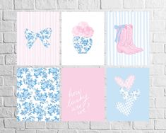 four different cards with flowers and boots on them, one is pink, the other is blue