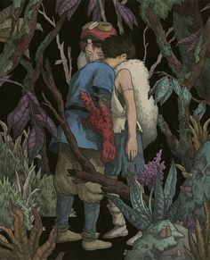 a painting of two people in the woods