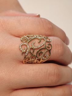 Dinner Ring, Full Finger Rings, 14k White Gold Diamond Ring, Statement Rings Diamond, Gold Diamond Ring, White Gold Diamond Rings, Diamond Anniversary, Filigree Ring, Holy Land