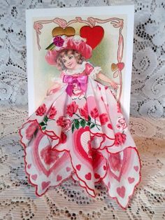 Keepsake Hanky, Vintage Handkerchiefs Crafts, Handkerchief Crafts, Dress Card, Italian Christmas, Rose Girl, Vintage Valentine Cards, Tulle Bows, Vintage Valentine