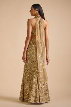 Gold mermaid lehenga featuring sequin bead embroidered floral vine motifs along silhouette. Comes with padded floral sequin embellished blouse and attached dupatta. - Aza Fashions Mermaid Lehenga, Gold Sequin Blouse, Gold Mermaid, Sequin Blouse, Gold Blouse, Embellished Blouse, Floral Vine, Sequin Beading, Gold Sequin