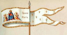 an image of a flag with jesus and mary in the center on it's pole