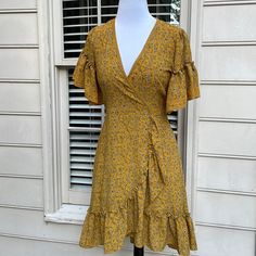 Max Studio Dress- Yellow Wrap Around Summer Dress Size Xs Lovely Ruffle Trim Ruffle Bell Sleeves Wrap Style Yellow Floral Print Dress Condition- Nwt Fitted Wrap Dress With Ruffle Hem, Mini Length, Casual Flowy Wrap Dress, Fitted Wrap Dress With Ruffle Hem For Summer, Fitted Floral V-neck Dress With Ruffle Hem, Fitted Floral Dress With V-neck And Ruffle Hem, Casual Flowy Wrap Dress With Short Sleeves, Flowy Casual Wrap Dress For Brunch, Casual Flowy Wrap Dress For Brunch, Fitted Casual Wrap Dress For Vacation