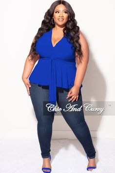 Polyester %: 96 Spandex %: 4 Royal Blue Top With Jeans Outfit, Royal Blue Fitted Tops, Casual Royal Blue Cotton Top, Big Tummy Outfits For Women, Bright Blue Plus Size, Chic Blue Peplum Top, Blue Peplum Top, Sleeveless Peplum Top, Chic And Curvy