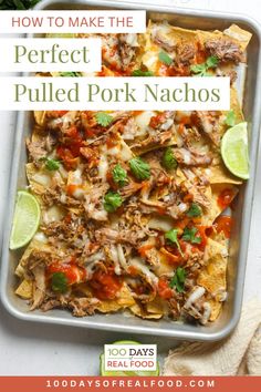 Pulled Pork Nachos on a Sheet Pan. With Text Reading: Easy Pulled Pork Nachos Recipe Pulled Chicken Recipe Ideas, Shredded Pork Recipes Leftover, Pulled Pork Nachos Recipe, Pork Nachos Recipe, Oven Roasted Pulled Pork, Homemade Pulled Pork, Shredded Pork Recipes, Pulled Chicken Recipes, Real Food Dinner