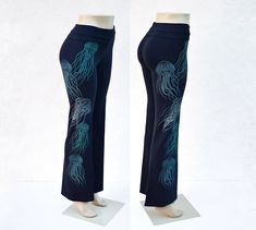 Glow in the Dark Jellyfish Yoga Pants - Women's Yoga Pants These comfortable roll top yoga pants feature my set of hand drawn jellyfish each printed in a different glow in the dark ink going up the outside of the right leg, allowing them to come to life and glow green at night! Each image was hand drawn and printed. Made in U.S.A. Heavyweight Cotton Spandex 95% Cotton / 5% Spandex Wash cold with like colors Shrink-Free Available in sizes: SMALL, MEDIUM, LARGE and X-LARGE Fitted Wide-leg Yoga Pants, Drawn Jellyfish, Dark Jellyfish, Mermaid Yoga Pants, Green Compressive Moisture-wicking Yoga Pants, Dragon Sweatpants, Stretch Tie-dye Yoga Pants, Glow Green, Festival Pants