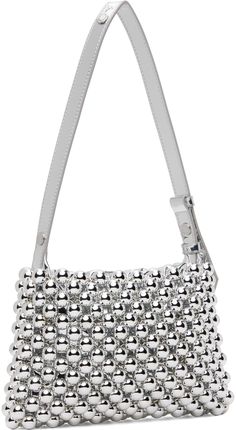 Beaded shoulder bag in silver tone. · Adjustable shoulder strap · Magnetic closure · Twill lining · H6.5 x W10 x D1.5 Supplier color: Silver Beaded Shoulder Bag, Snap Bag, Cute Nike Shoes, Heart Bag, Cute Nikes, Mini Shoulder Bag, Beaded Bags, Magnetic Closure, Cloth Bags