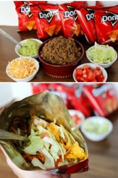 two pictures showing different types of food in bowls and on the same side, one with chips