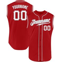 a red baseball jersey with the name and number on it that reads, yourname