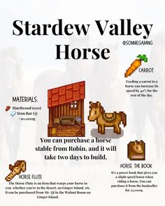 an advertisement for the stardew valley horse game, with information about its features