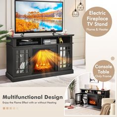 an advertisement for a fireplace tv stand in the living room