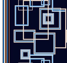 an abstract blue and white design with squares, rectangles and lines on a black background