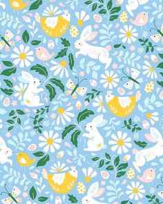 a blue background with flowers and rabbits on it