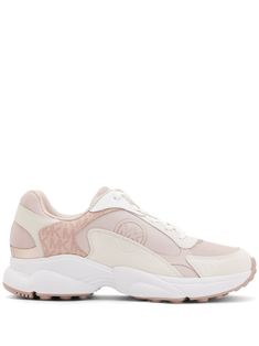 pink/white/beige leather trim panelled design mesh panelling monogram pattern panels round toe embossed logo to the side logo-embroidered tongue padded ankle branded insole rubber sole front lace-up fastening Pink Leather Chunky Sneakers With Rubber Sole, Pink Leather Low-top Chunky Sneakers, Sporty Chunky Sneakers With Embossed Logo, Michael Kors Pink Lace-up Sneakers, Pink Michael Kors Lace-up Sneakers, Sporty Chunky Lace-up Sneakers With Embossed Logo, Pink Leather Jogging Sneakers, Pink Leather Sneakers For Jogging, Cream Mesh Sneakers With Perforations