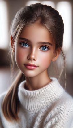 a close up of a doll with blue eyes and blonde hair wearing a white sweater