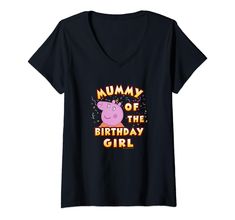 a women's v - neck shirt that says, mommy of the birthday girl