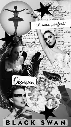 black swan collage with photos and words on it, including an image of a ballerina