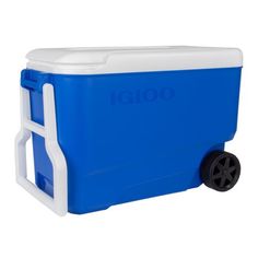 the igloo cooler is blue and white with wheels for carrying drinks or snacks