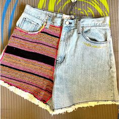 Urban Outfitters Size 30 A-Line Short Blue Jeans With Woven Application With Tags Never Worn Ready For Summer. Casual Jean Shorts For Summer Festival, Vacation Shorts With Frayed Hem And Relaxed Fit, Vacation Shorts With Frayed Hem Relaxed Fit, Blue Cotton Shorts With Frayed Hem, Denim Shorts For Summer Festival, Summer Festival Denim Shorts, Cotton Cutoff Jean Shorts For The Beach, Cotton Cutoff Jean Shorts For Vacation, Cutoff Cotton Jean Shorts For Vacation