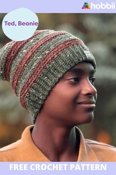 a man wearing a knitted beanie with the text free crochet pattern